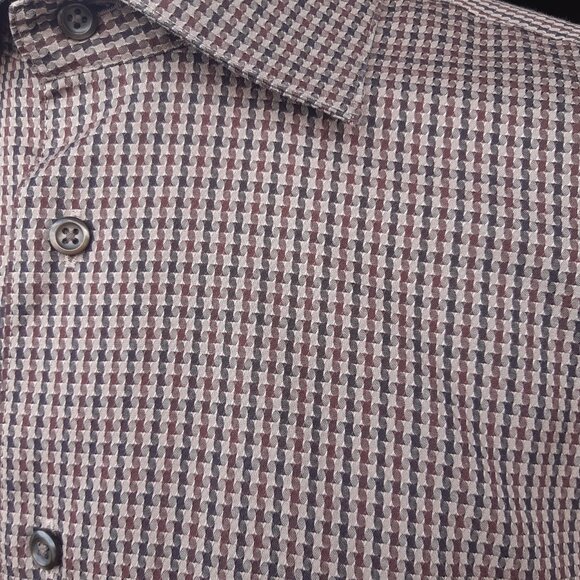 ALFRED SUNG SZ M Houndstooth Check 100% Cotton Men's Brown Button Up Shirt - Picture 3 of 12
